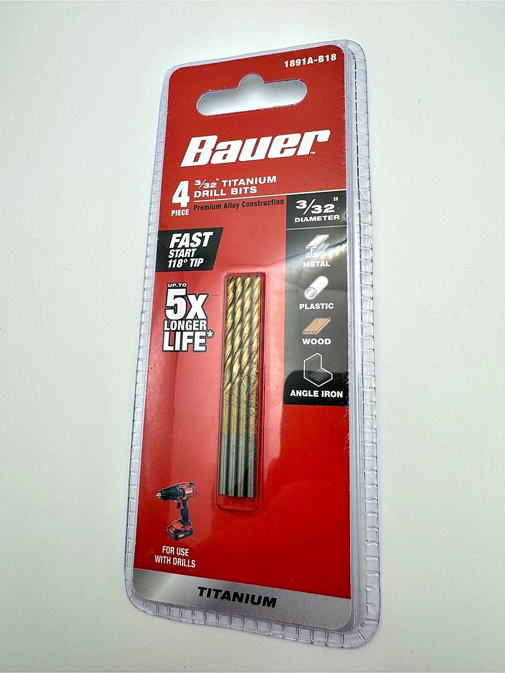 Bauer 1891A-B18 4-Piece Titanium Drill Bit Set NWT